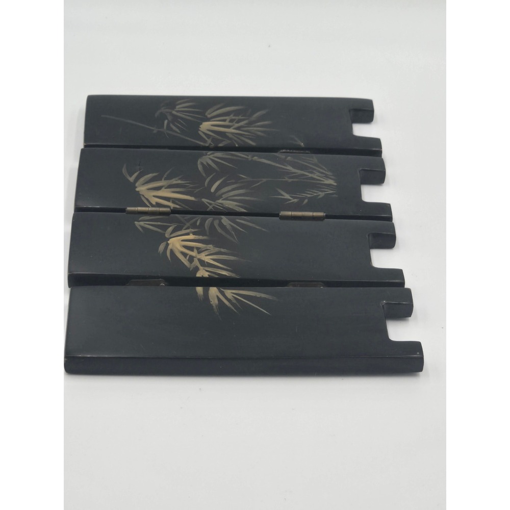 Vintage Black Lacquer Mother of Pearl Inlay 4 Panel Mini Table Screen Deer Crane - Picture 5 of 14